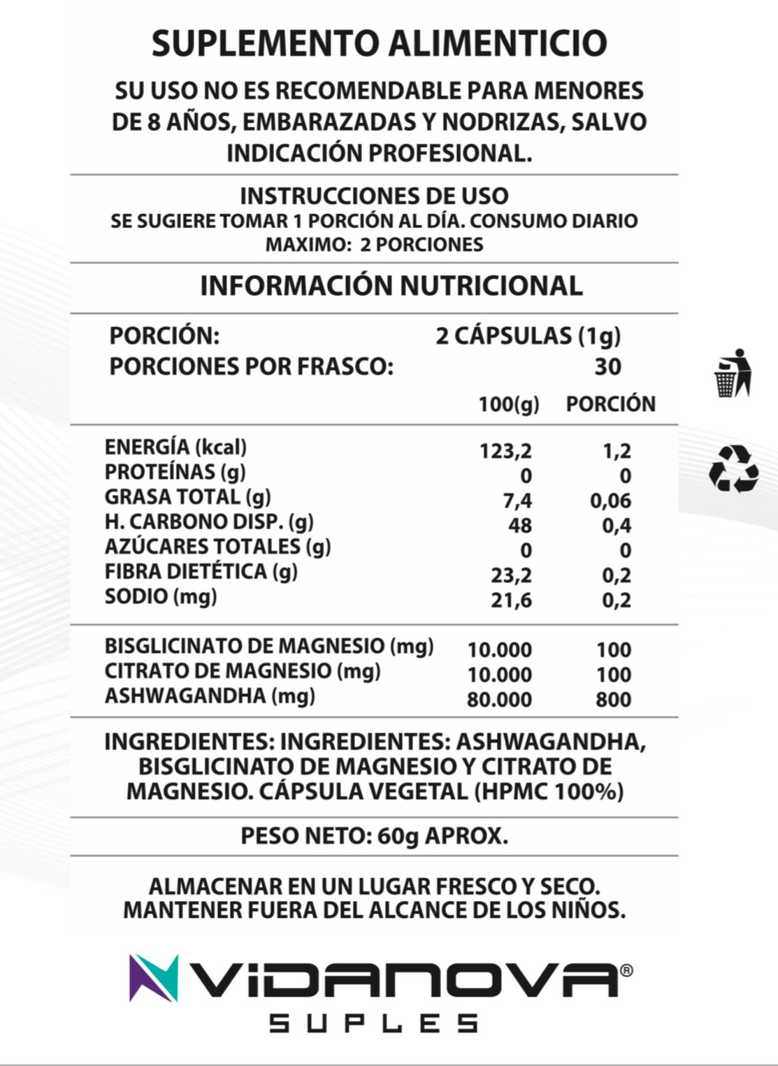 Ashwagandha Magnesio 60 Cap 1000Mg	- Reduce ansiedad, estres y mejora el sueño.