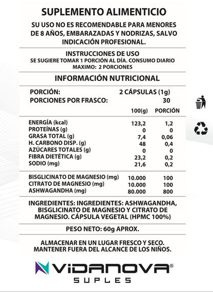 Ashwagandha Magnesio 60 Cap 1000Mg	- Reduce ansiedad, estres y mejora el sueño.