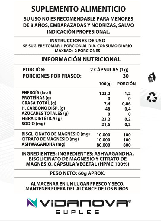 Ashwagandha Magnesio 60 Cap 1000Mg	- Reduce ansiedad, estres y mejora el sueño.